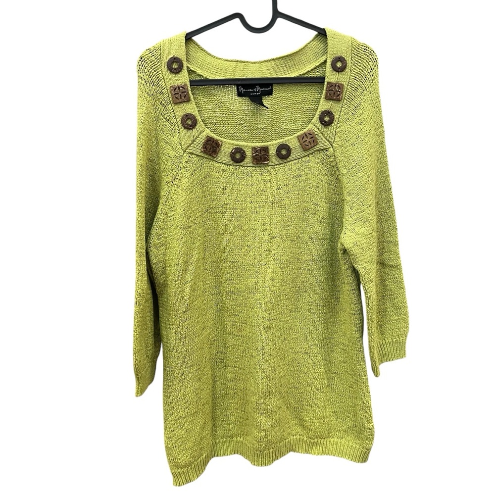Mercer & Madison 1X Lime Knit 3/4 Sleeve Square Neck Sweater with Brown Accents